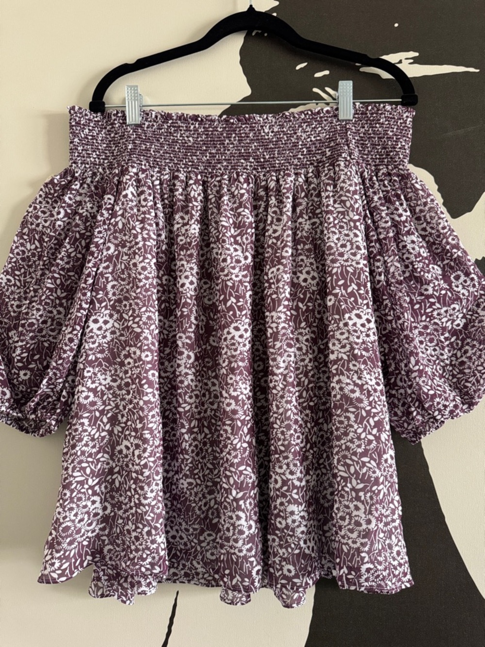 LOFT Purple and White Smocked Off-Shoulder Floral Blouse